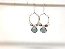Load image into Gallery viewer, Romantic Teardrop Earrings with Green Mystic Quartz, London Blue Quartz, Labradorites, moonstones and Grey Pearls
