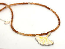 Load image into Gallery viewer, Gold and Silver Keum Boo Ginkgo Leaf Drop Necklace with Hessonite Garnet Beads