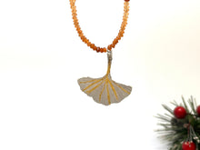 Load image into Gallery viewer, Gold and Silver Keum Boo Ginkgo Leaf Drop Necklace with Hessonite Garnet Beads