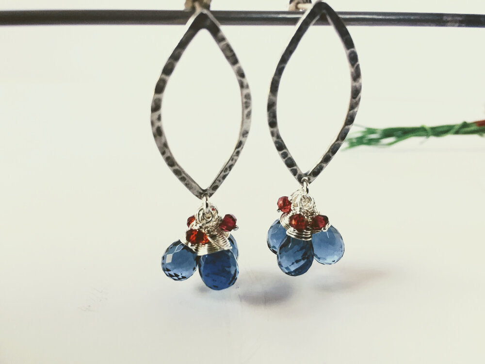 Sterling Silver Hammered Marquis Earrings with London Blue Quartz and Garnet