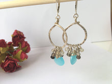 Load image into Gallery viewer, Hammered Circle Geometric Earrings in Blue Chalcedony and Smokey Quartz