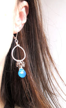 Load image into Gallery viewer, Hammered Circle Geometric Earrings in Blue Chalcedony and Smokey Quartz