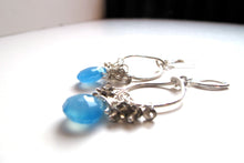 Load image into Gallery viewer, Hammered Circle Geometric Earrings in Blue Chalcedony and Smokey Quartz