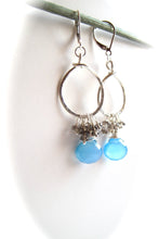 Load image into Gallery viewer, Hammered Circle Geometric Earrings in Blue Chalcedony and Smokey Quartz
