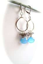 Load image into Gallery viewer, Hammered Circle Geometric Earrings in Blue Chalcedony and Smokey Quartz