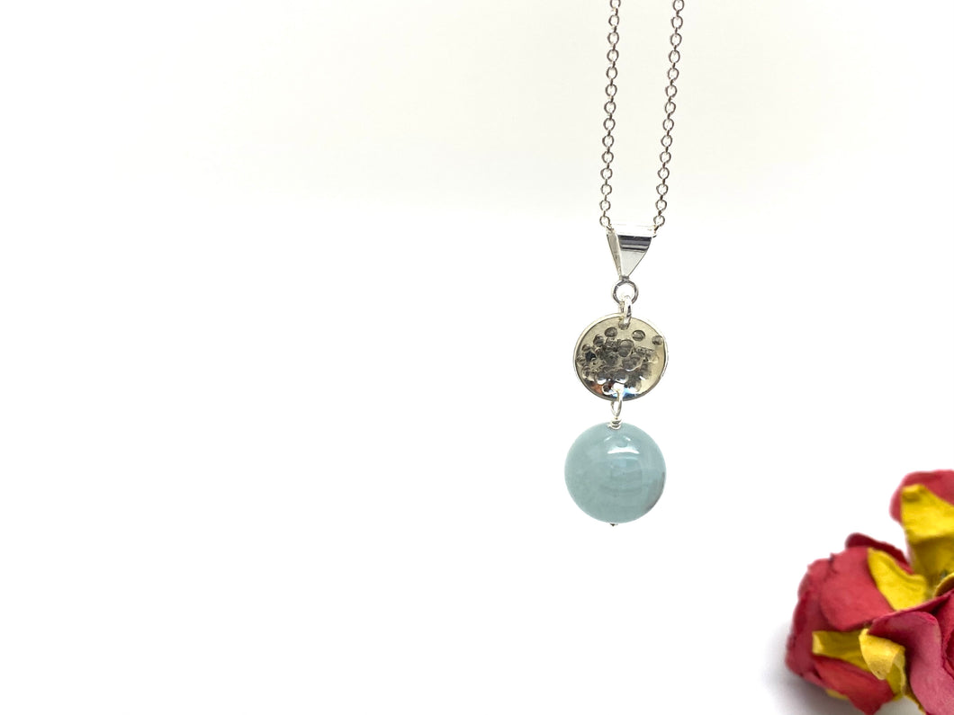 Hammered Convex Drop Necklace with Aquamarine - Sterling Silver