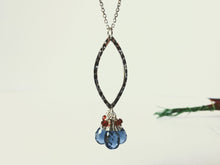 Load image into Gallery viewer, Sterling Silver Hammered Marquis Necklace with London Blue Quartz and Garnet

