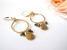 Load image into Gallery viewer, Hammered Circle Earrings with Rutilated Quartz & Pyrite