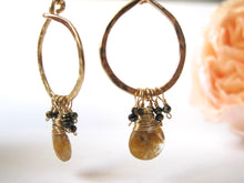 Load image into Gallery viewer, Hammered Circle Earrings with Rutilated Quartz & Pyrite