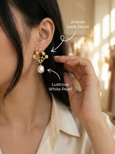 Load image into Gallery viewer, Lace Drop Earrings with white pearls | Floweredsky Designs
