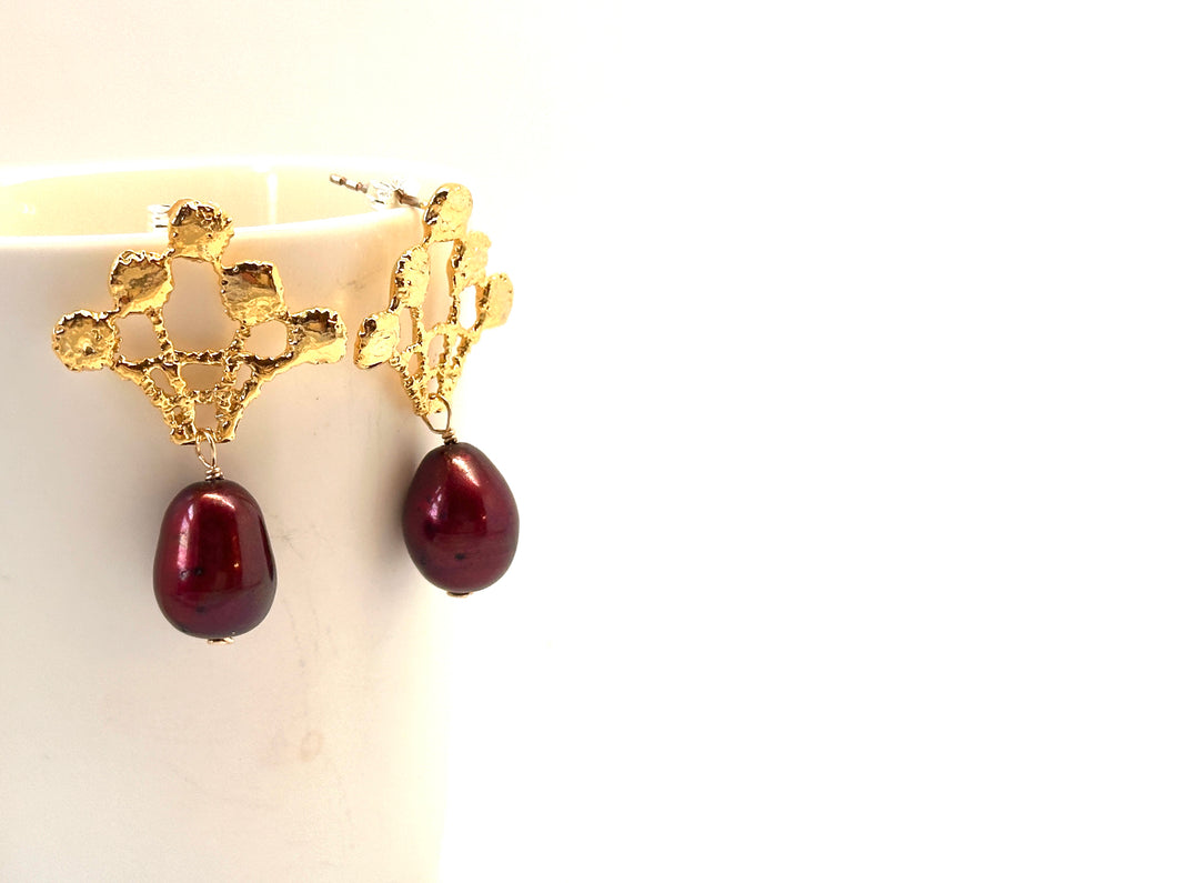 Lace Drop Earrings with burgundy pearls | Floweredsky Designs