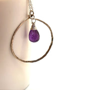 Load image into Gallery viewer, Amethyst Sterling Silver Hammered Circle Necklace
