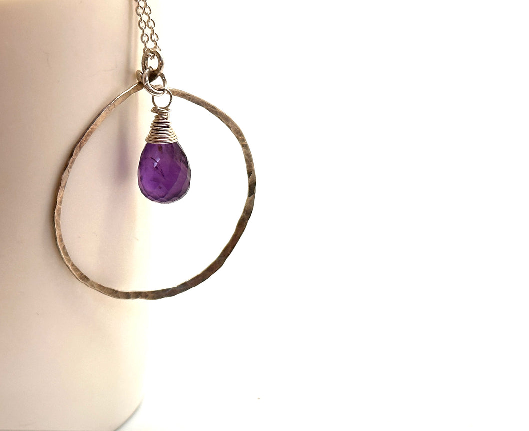 Amethyst Sterling Silver Hammered Circle Necklace