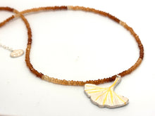 Load image into Gallery viewer, Gold and Silver Keum Boo Ginkgo Leaf Drop Necklace with Hessonite Garnet Beads
