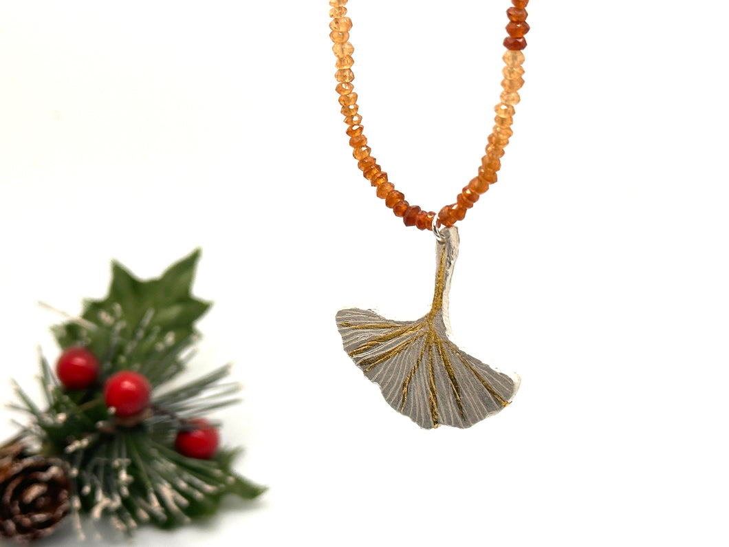 Gold and Silver Keum Boo Ginkgo Leaf Drop Necklace with Hessonite Garnet Beads