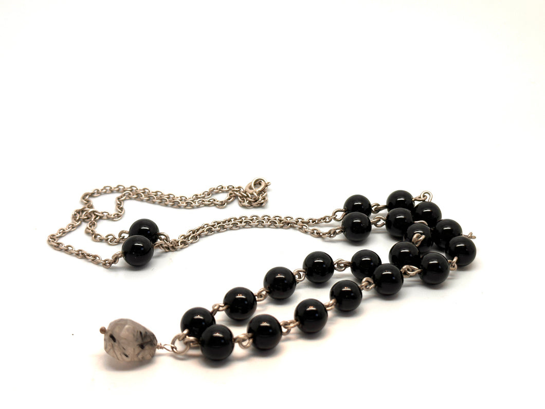 Black onyx and Tourmalated Quartz Rosary Long Necklace