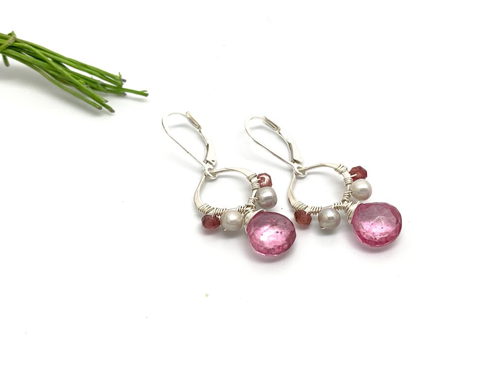 Petite Romantic Teardrop Earrings with Pink Mystic Quartz, Grey Pearl and Ruby