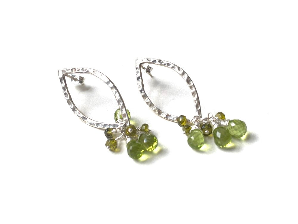 Sterling Silver Hammered Marquis Earrings with Peridot and Green Garnet