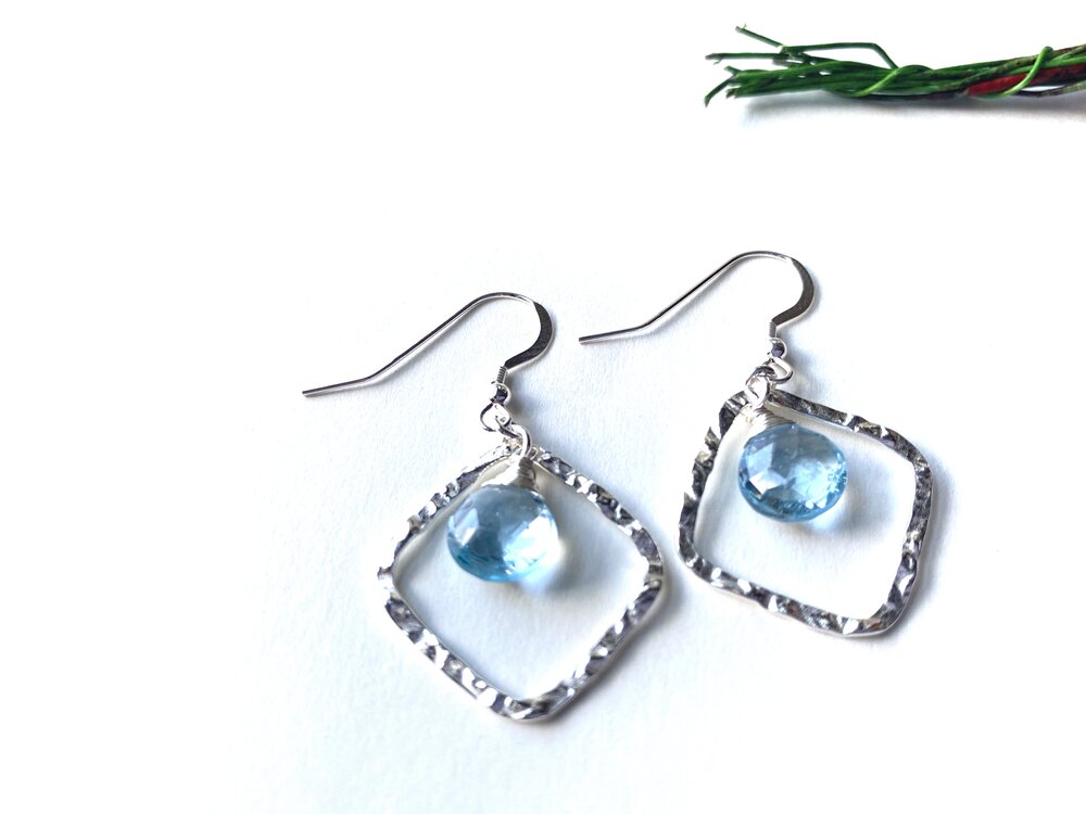 Hammered Diamond Sterling Silver Earrings with Blue Topaz