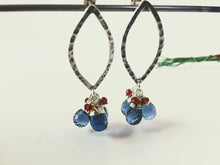 Load image into Gallery viewer, Sterling Silver Hammered Marquis Earrings with London Blue Quartz and Garnet
