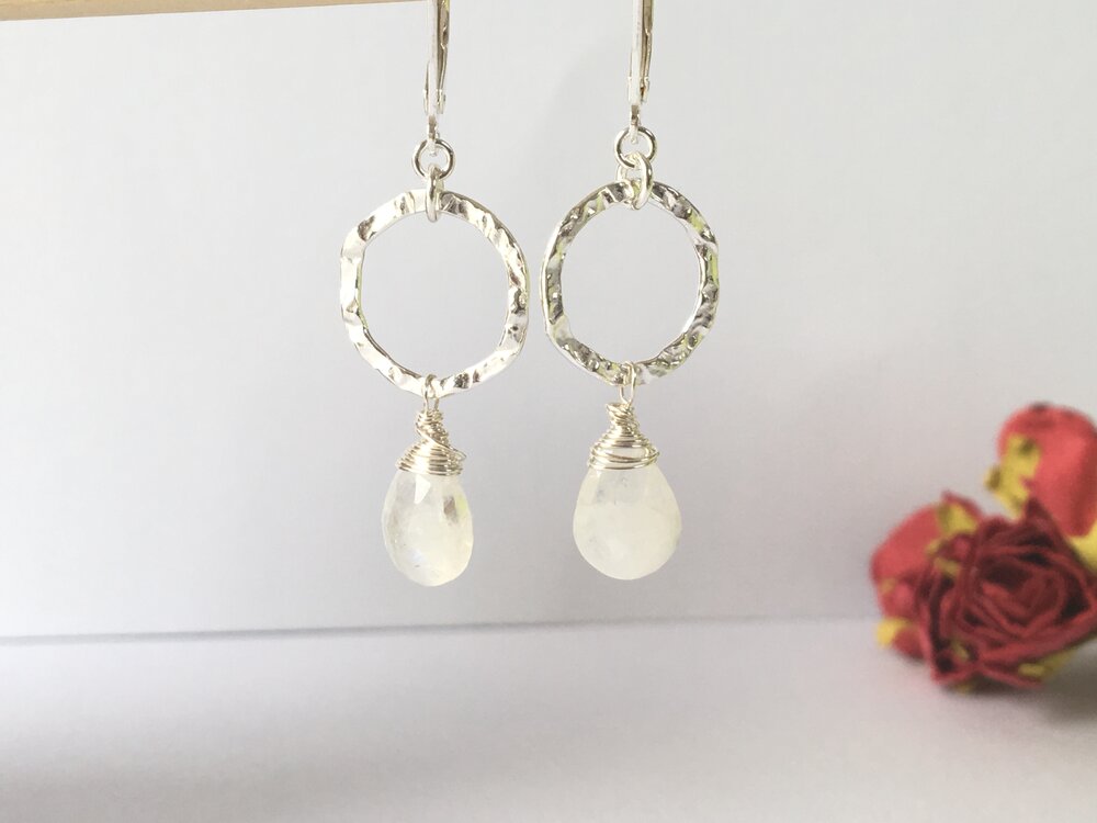 Hammered Circle Geometric Earrings with Moonstones