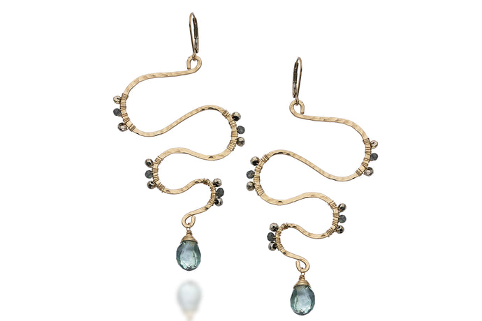 Hammered Gold Snake Earrings with Green Mystic Quartz & Labradorite