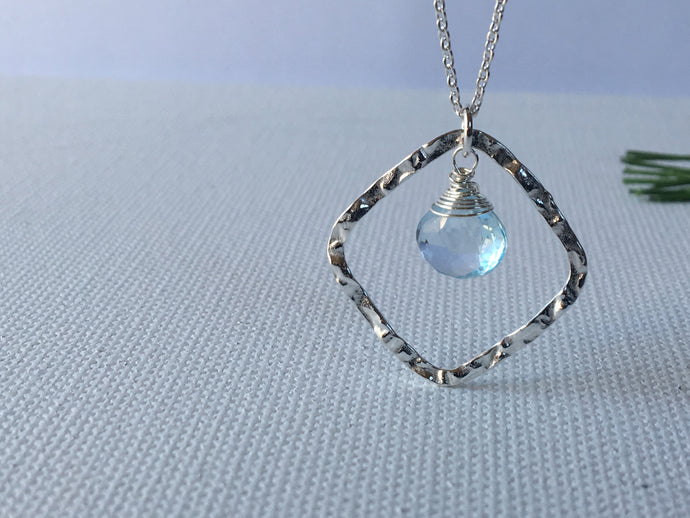 Hammered Diamond Sterling Silver Necklace with Blue Topaz