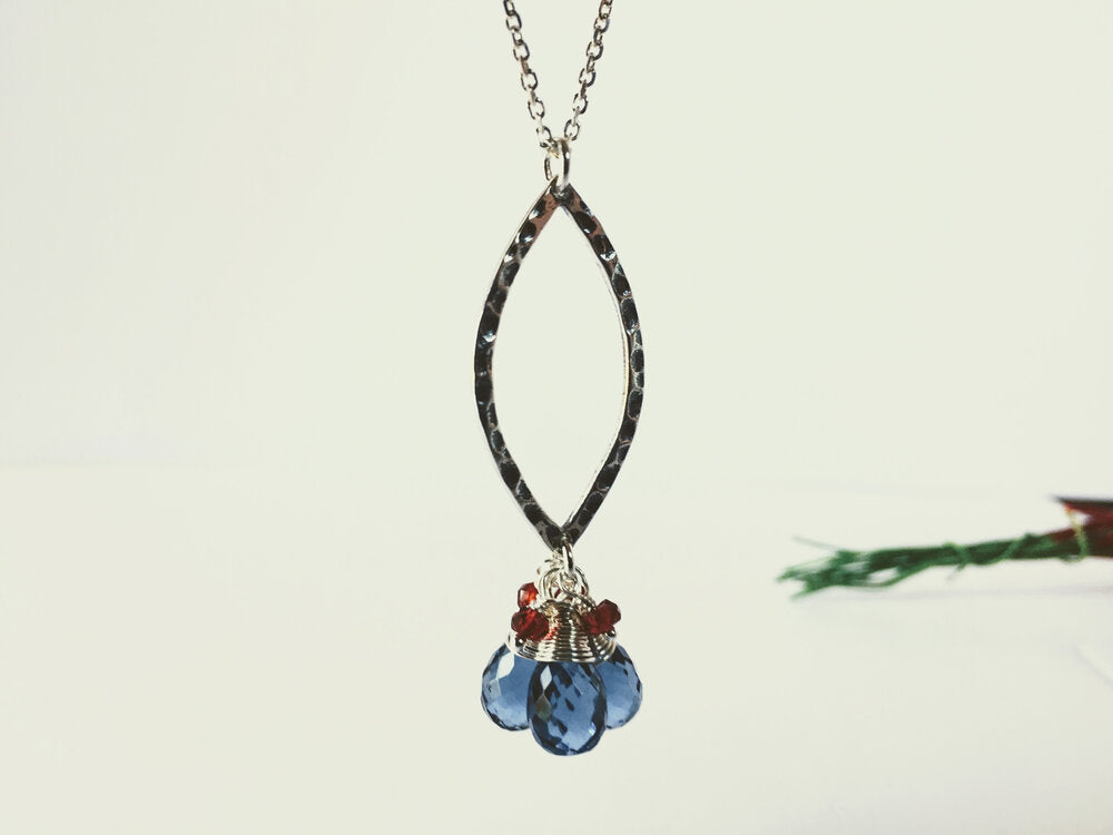 Sterling Silver Hammered Marquis Necklace with London Blue Quartz and Garnet