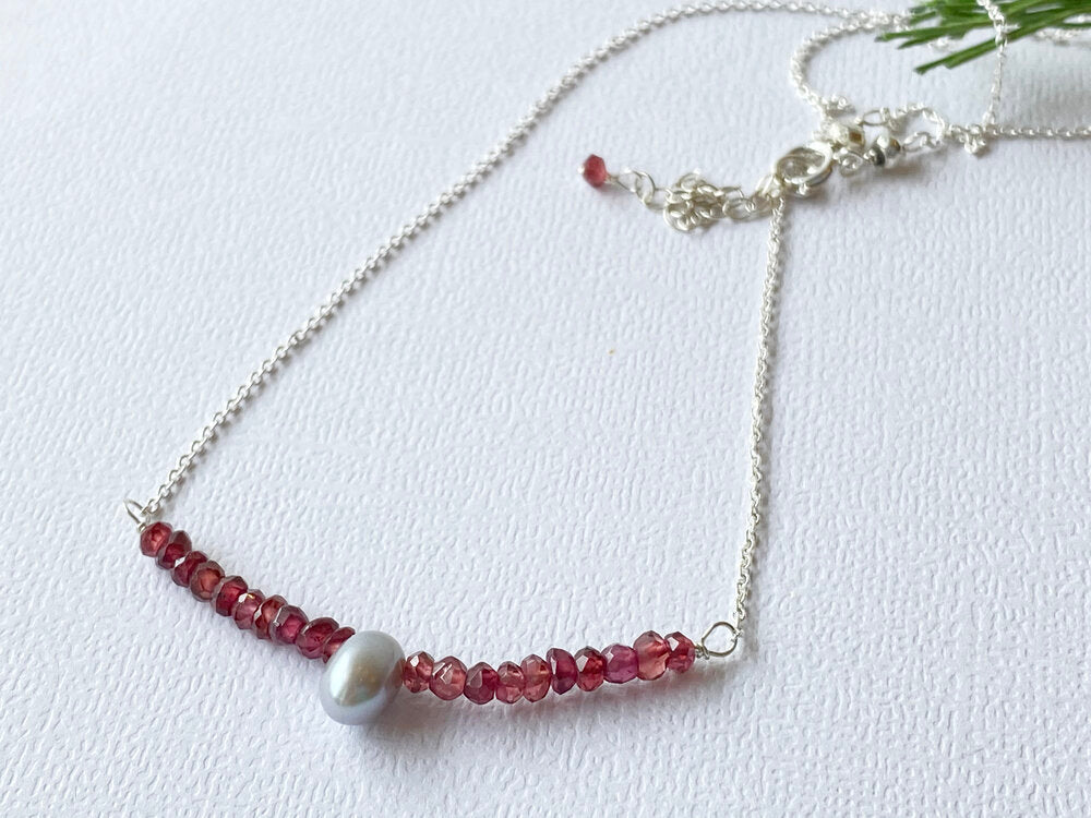 Garnet and Pearl Sterling Silver Gemstone Beauty Necklace
