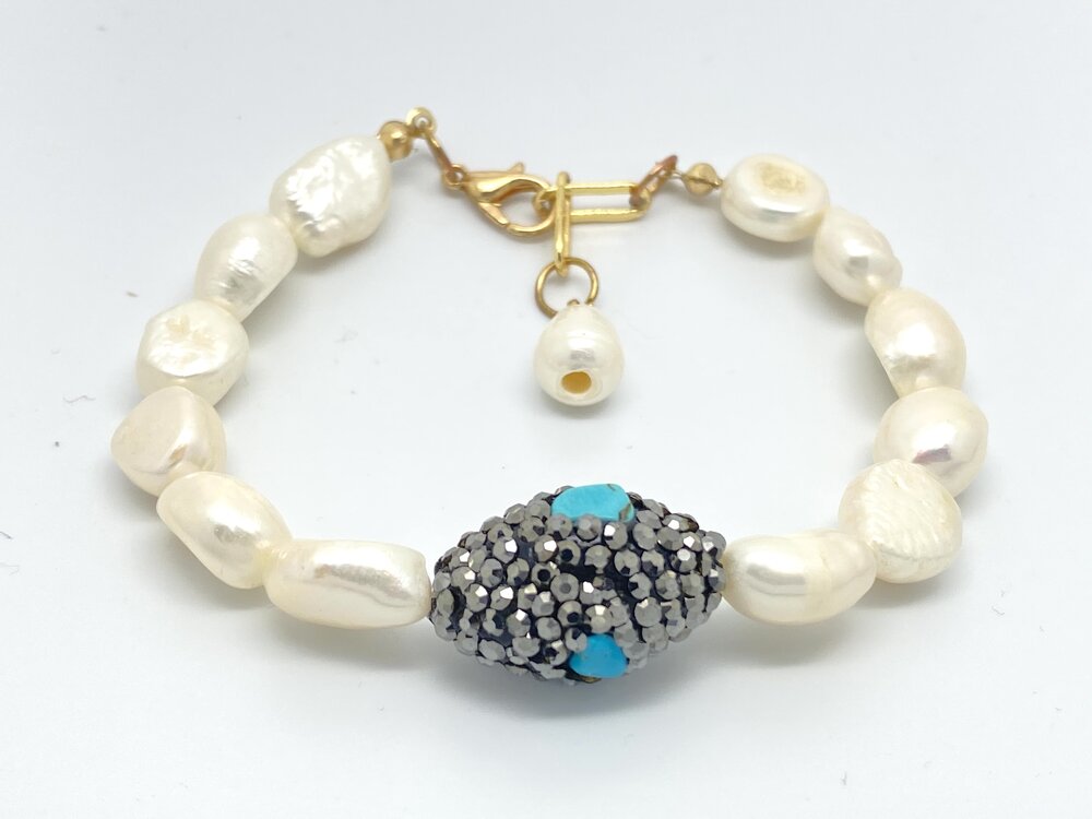 One of a Kind Pearl Bracelet with Turquoise and Marcasite Focal Bead