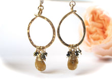 Load image into Gallery viewer, Hammered Circle Earrings with Rutilated Quartz &amp; Pyrite
