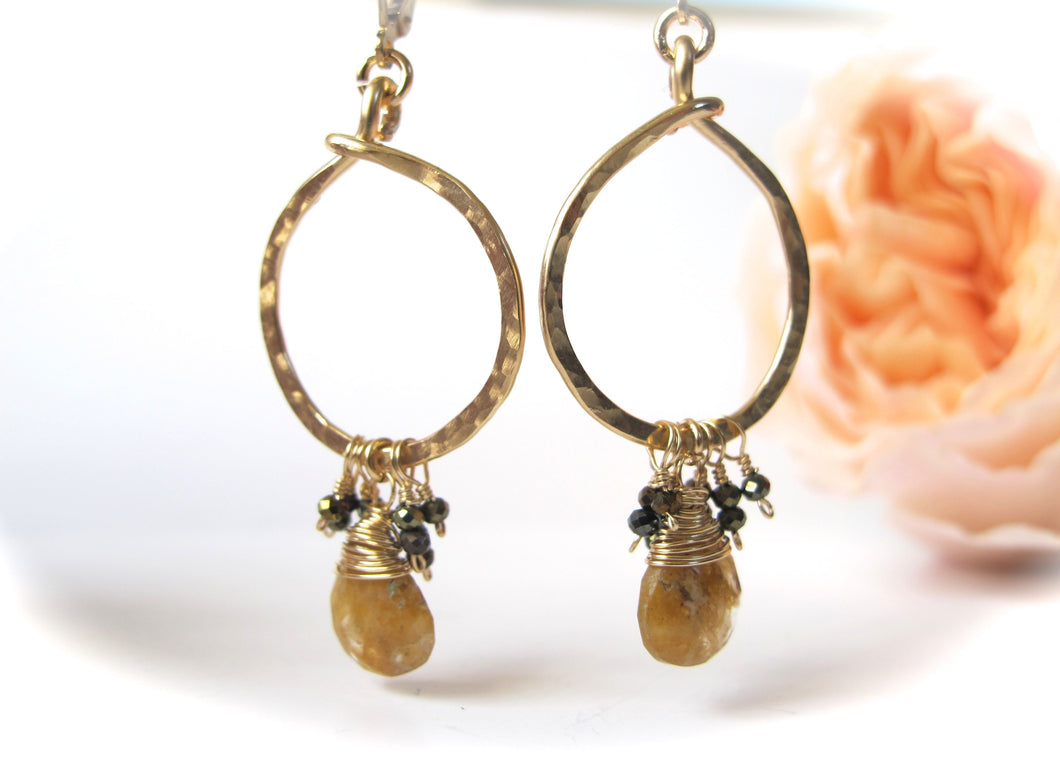 Hammered Circle Earrings with Rutilated Quartz & Pyrite