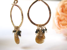 Load image into Gallery viewer, Hammered Circle Earrings with Rutilated Quartz &amp; Pyrite
