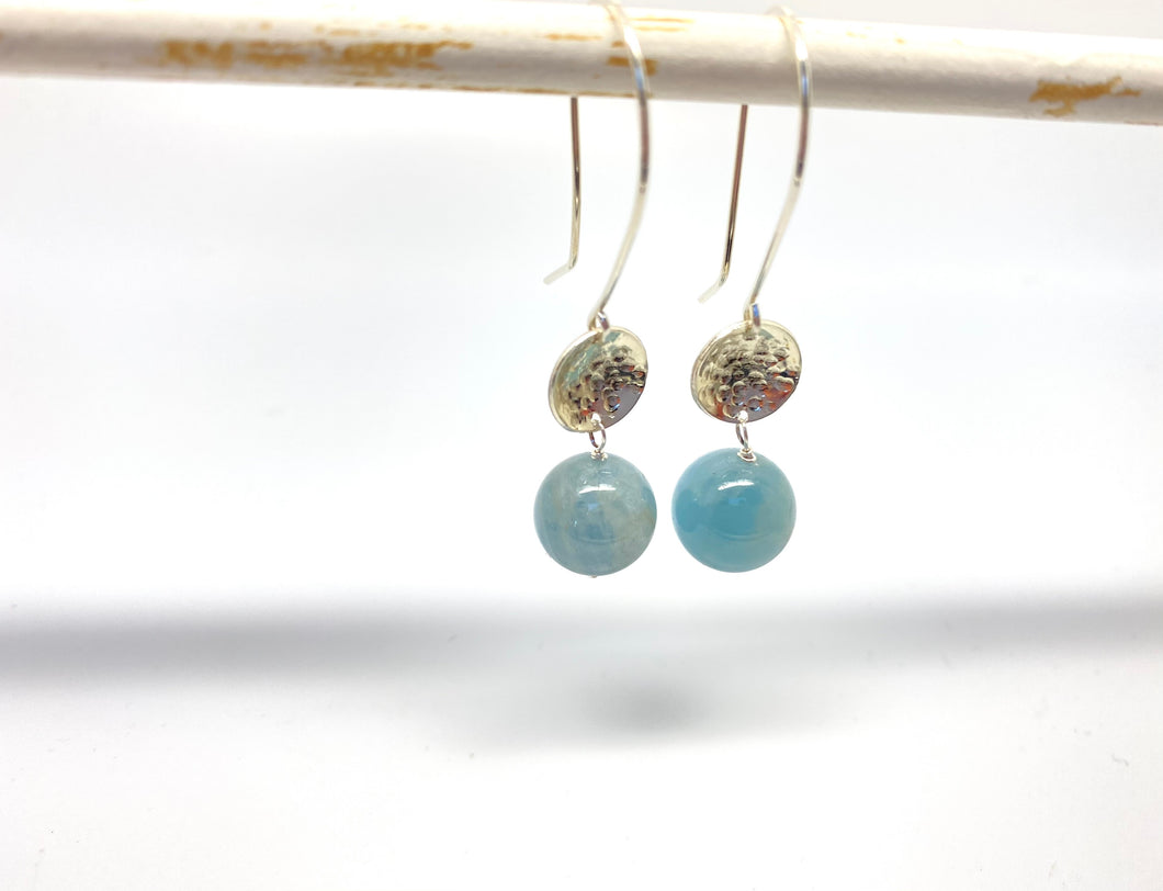 Hammered Convex Drop Earrings with Aquamarine - Sterling Silver