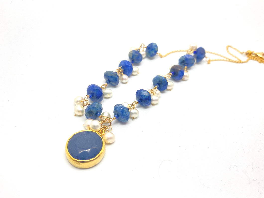 Sodolite, Lapis and Pearl  Cluster Necklace