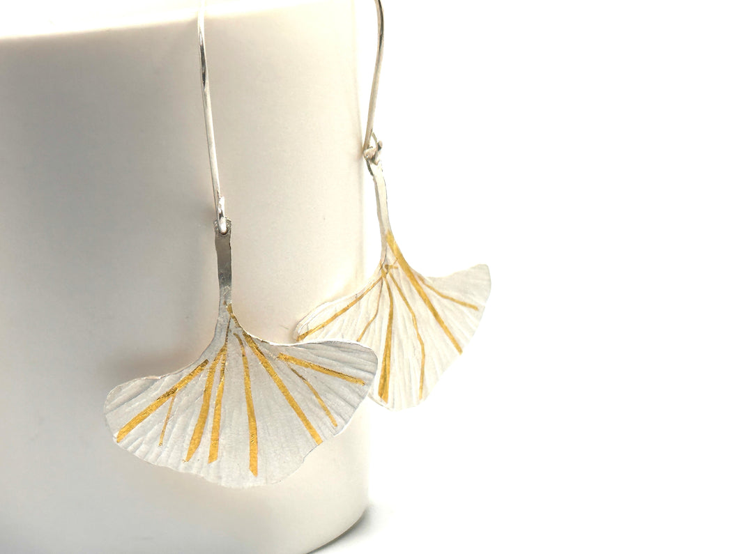 Gold and Silver Keum Boo Gingko Leaf Drop Earrings